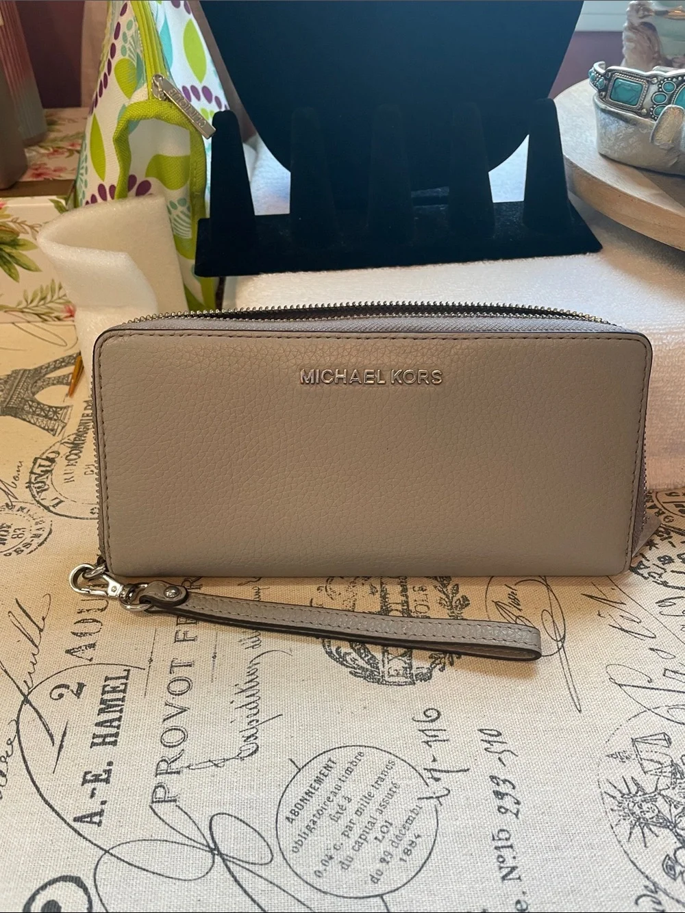 Michael Kors Taupe Stone Grey  Pebbled Leather Wristlet Wallet